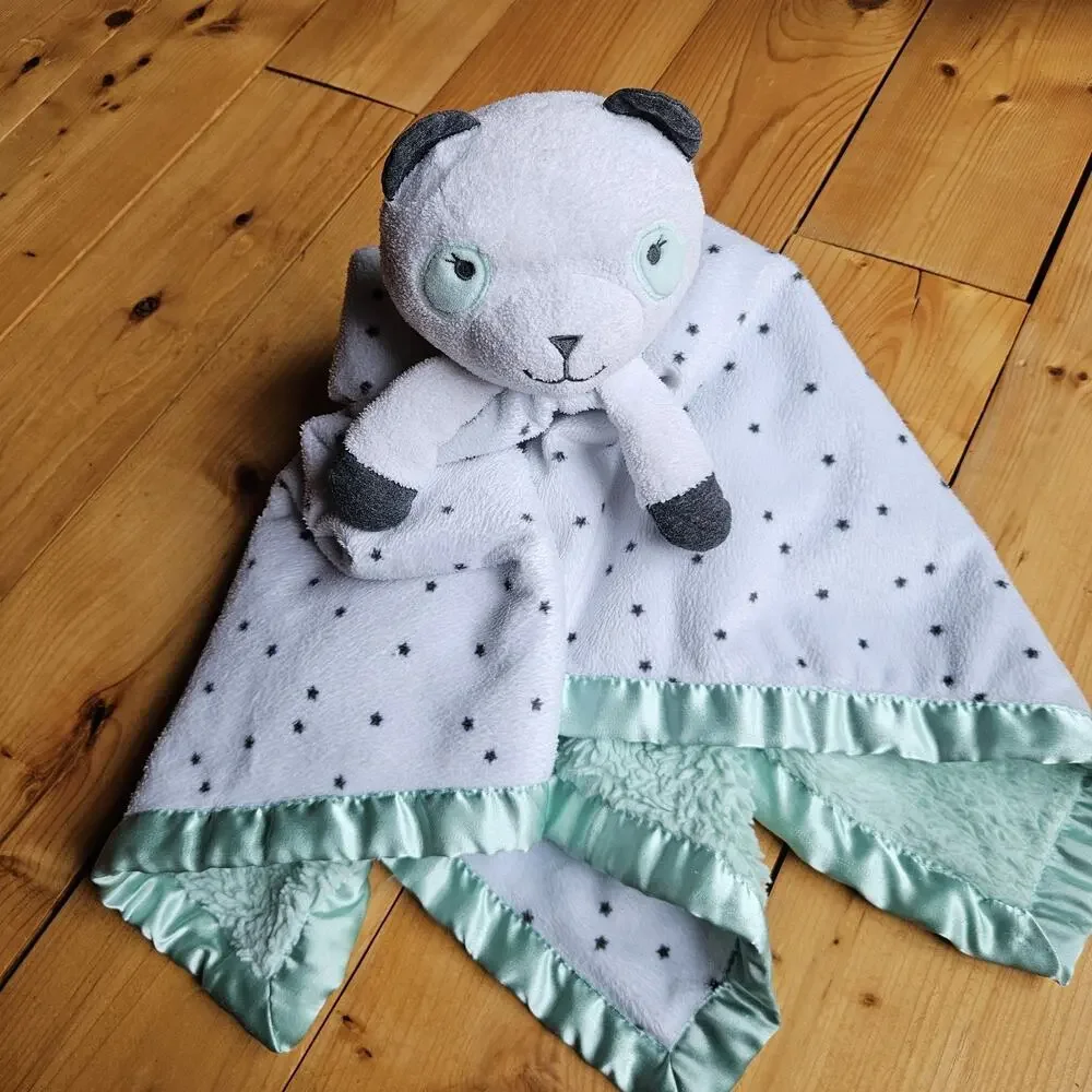 Cloud Island Panda Bear Lovey Mint Green White Stars Satin Baby Security Blanket